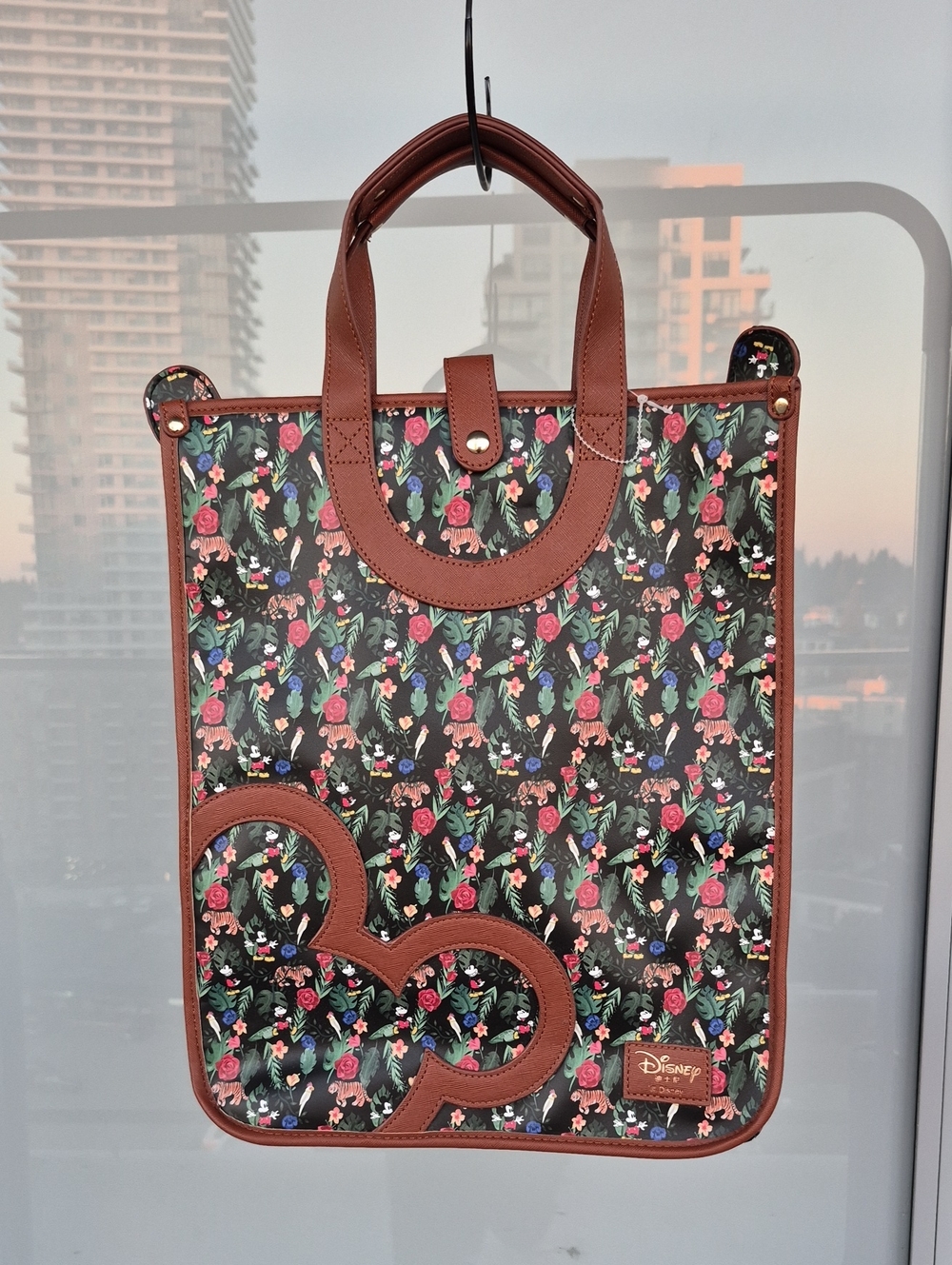 New Disney Floral Mickey Tote with Brown Trim